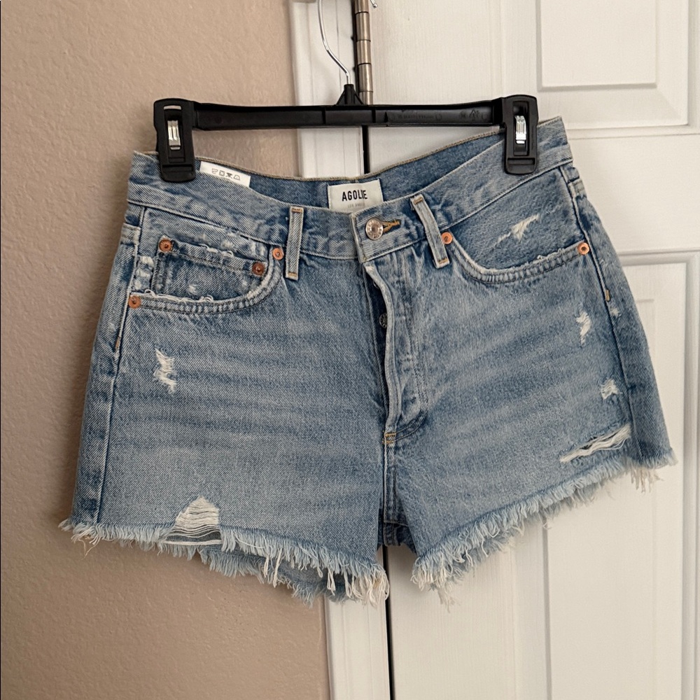 Agolde Light Blue Distressed Denim Shorts
